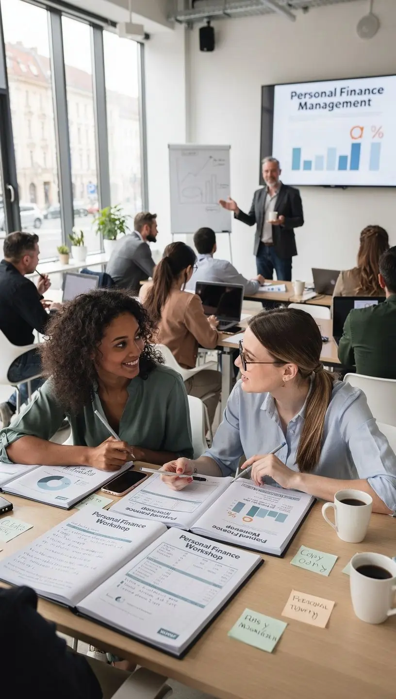 Személyes pénzügyi alapok blogján résztvevők jegyzeteket készítenek egy élő workshopon.